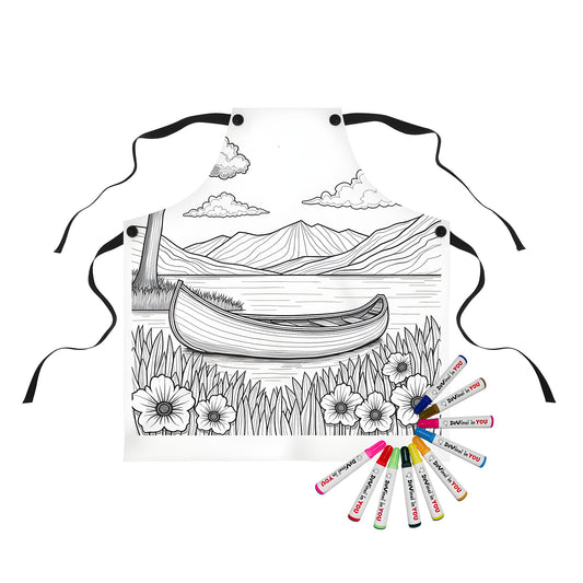 Apron featuring a serene black and white scene of a canoe by a peaceful lake, surrounded by flowers and trees, with mountains in the background.