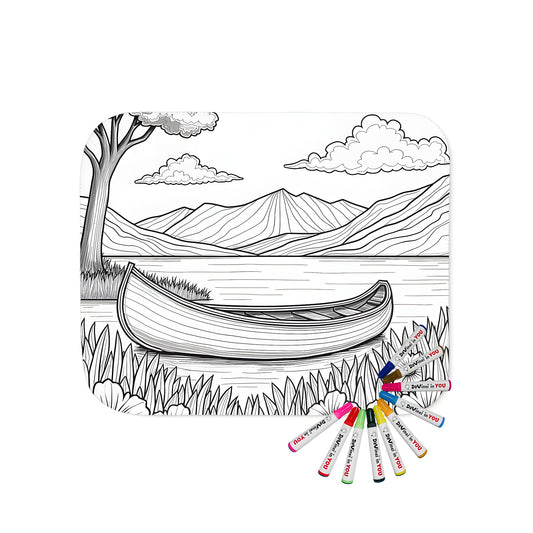 Coloring blanket featuring a serene black and white lake scene, surrounded by flowers, trees, and mountains