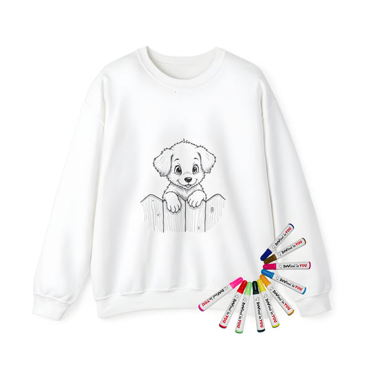 Adorable adult sweatshirt featuring a whimsical pup design, with ten vibrant fabric markers included for endless coloring fun