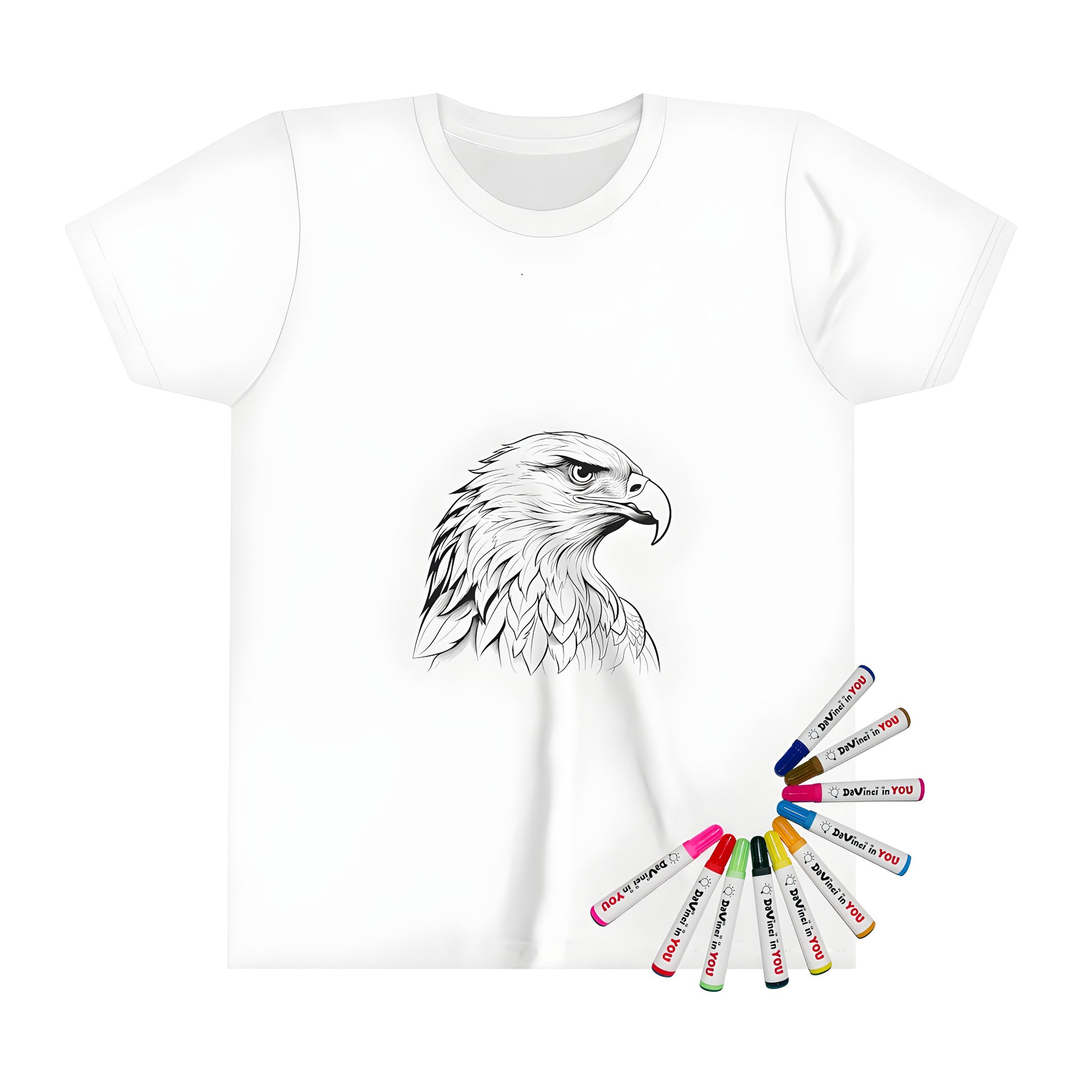 Kid's T-shirt featuring an adorable black and white detailed illustration of an eagle's head with intricate feather patterns and sharp eye detail.