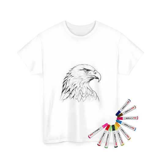 Detailed illustration of a bird's head on a unisex t-shirt, featuring intricate feather patterns and sharp eye details - similar to an eagle or raven image