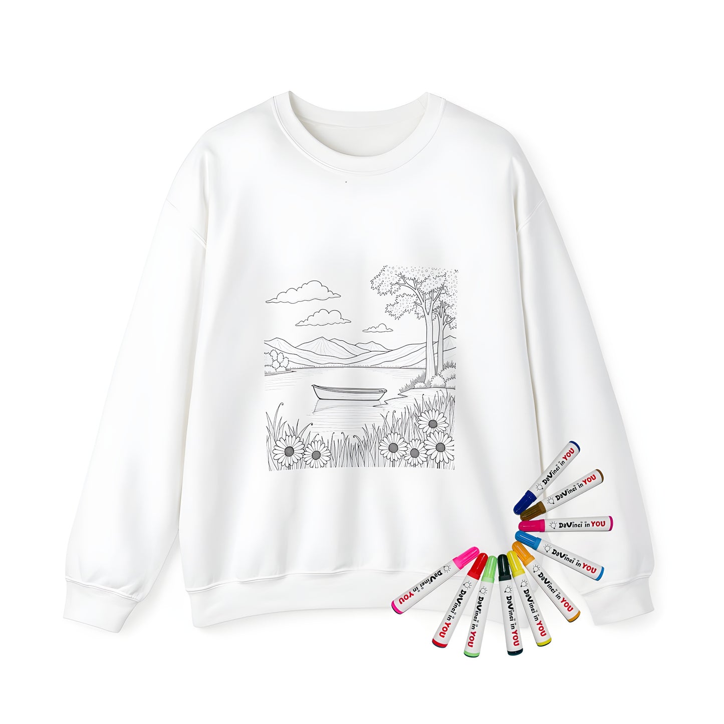 Adult sweatshirt with serene lakeside landscape design featuring boat on lake, surrounding mountains, trees, and flowers