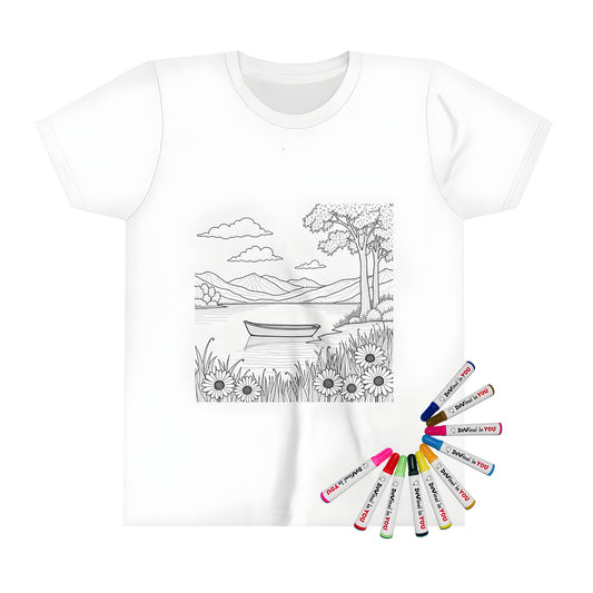Lakeshore-themed Kid's T-shirt featuring a tranquil black and white scene with a boat on water, surrounded by mountains, trees, and flowers