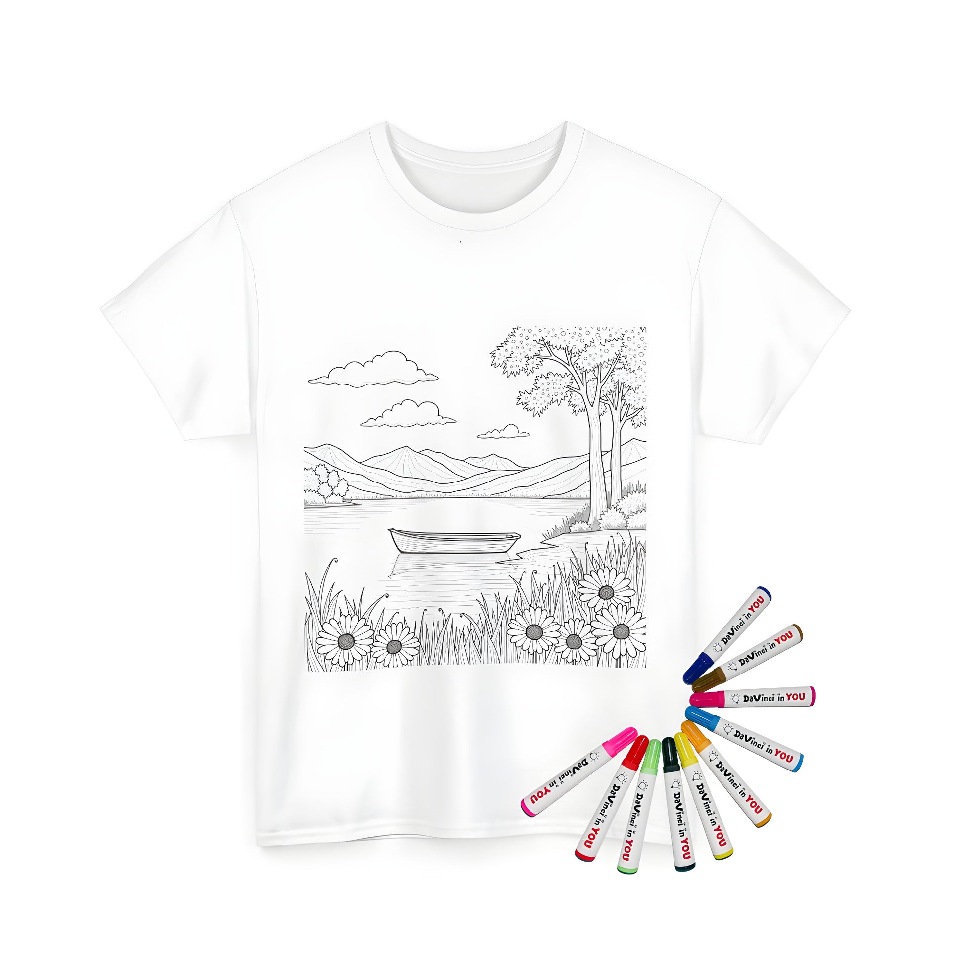 Cozy shore-inspired coloring kit for adults featuring tranquil black and white lake scene on a unisex t-shirt