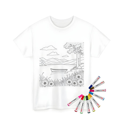 Cozy shore-inspired coloring kit for adults featuring tranquil black and white lake scene on a unisex t-shirt