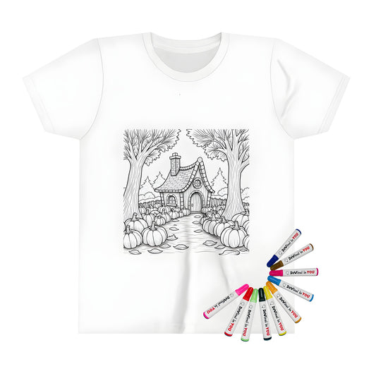 Cozy cottage shirt with fall theme, kid's t-shirt art featuring pumpkin and autumnal design