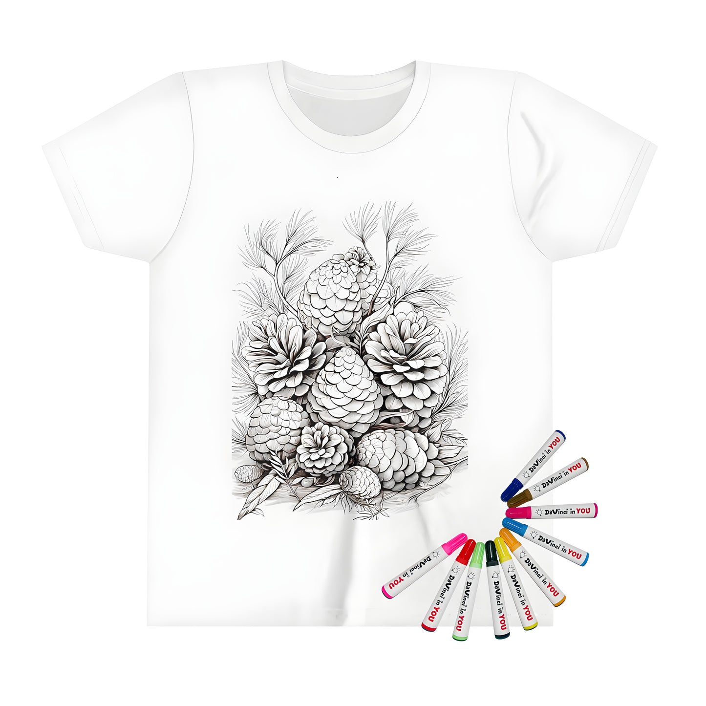 Intricate black and white pinecone illustration on kid's t-shirt with fabric markers