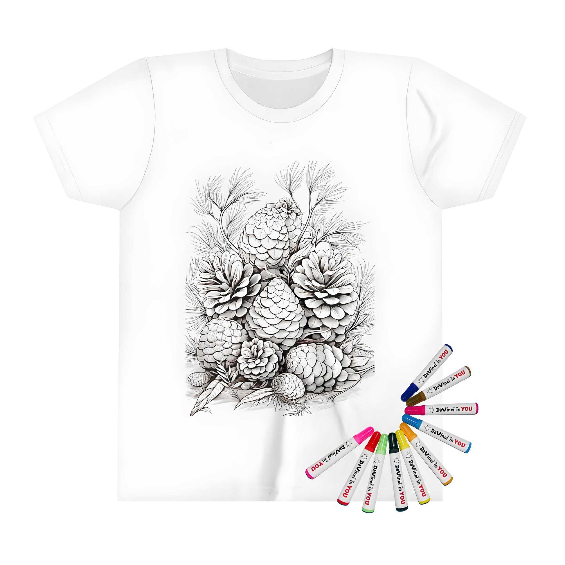 Intricate black and white pinecone illustration on kid's t-shirt with fabric markers