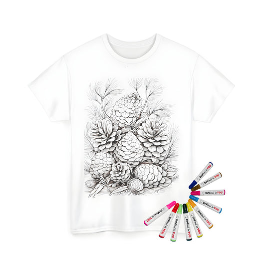 Intricate black and white illustration of pinecones surrounded by pine needles on a unisex t-shirt