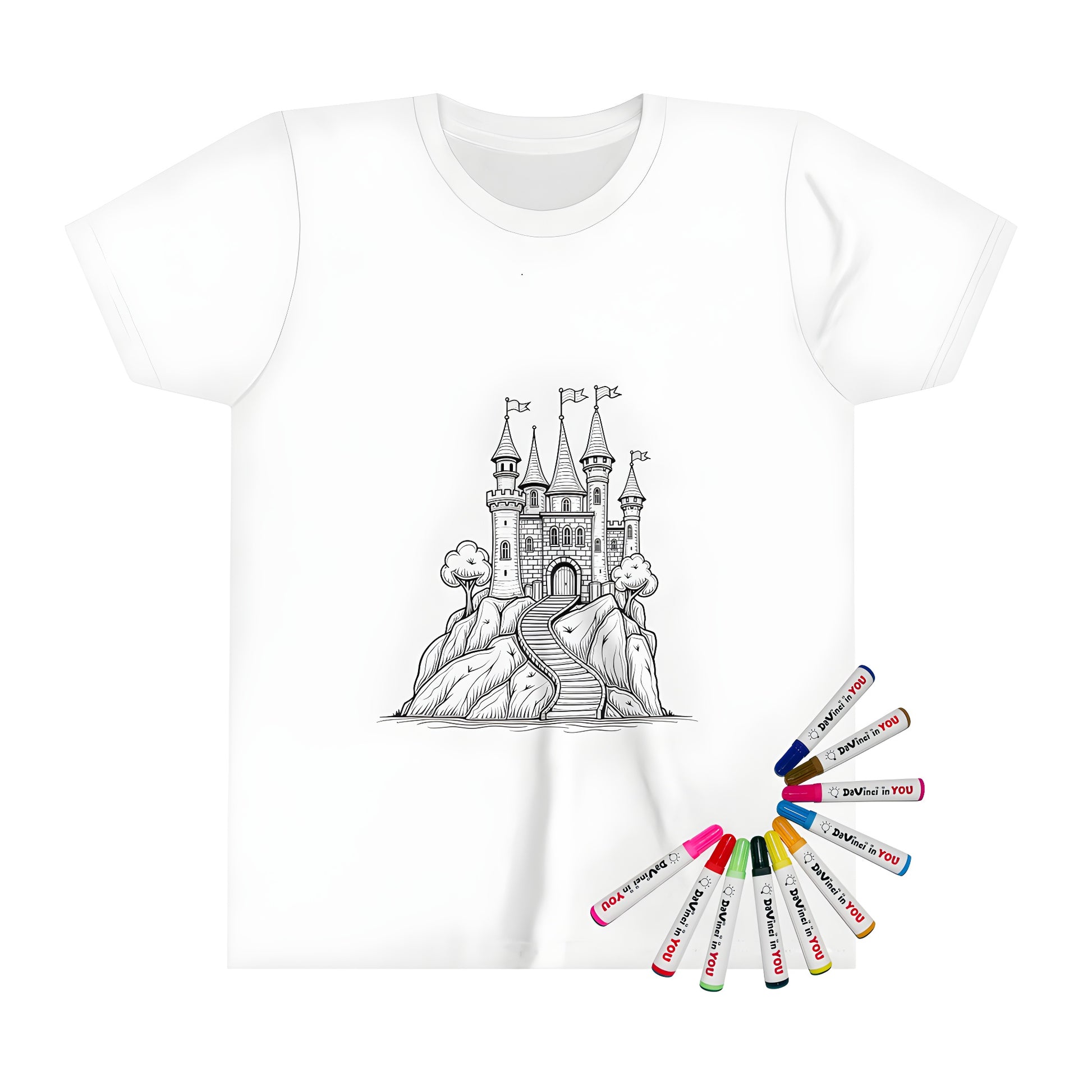 Kids' coloring t-shirt with enchanted castle design featuring multiple towers and flags set on a rocky hill