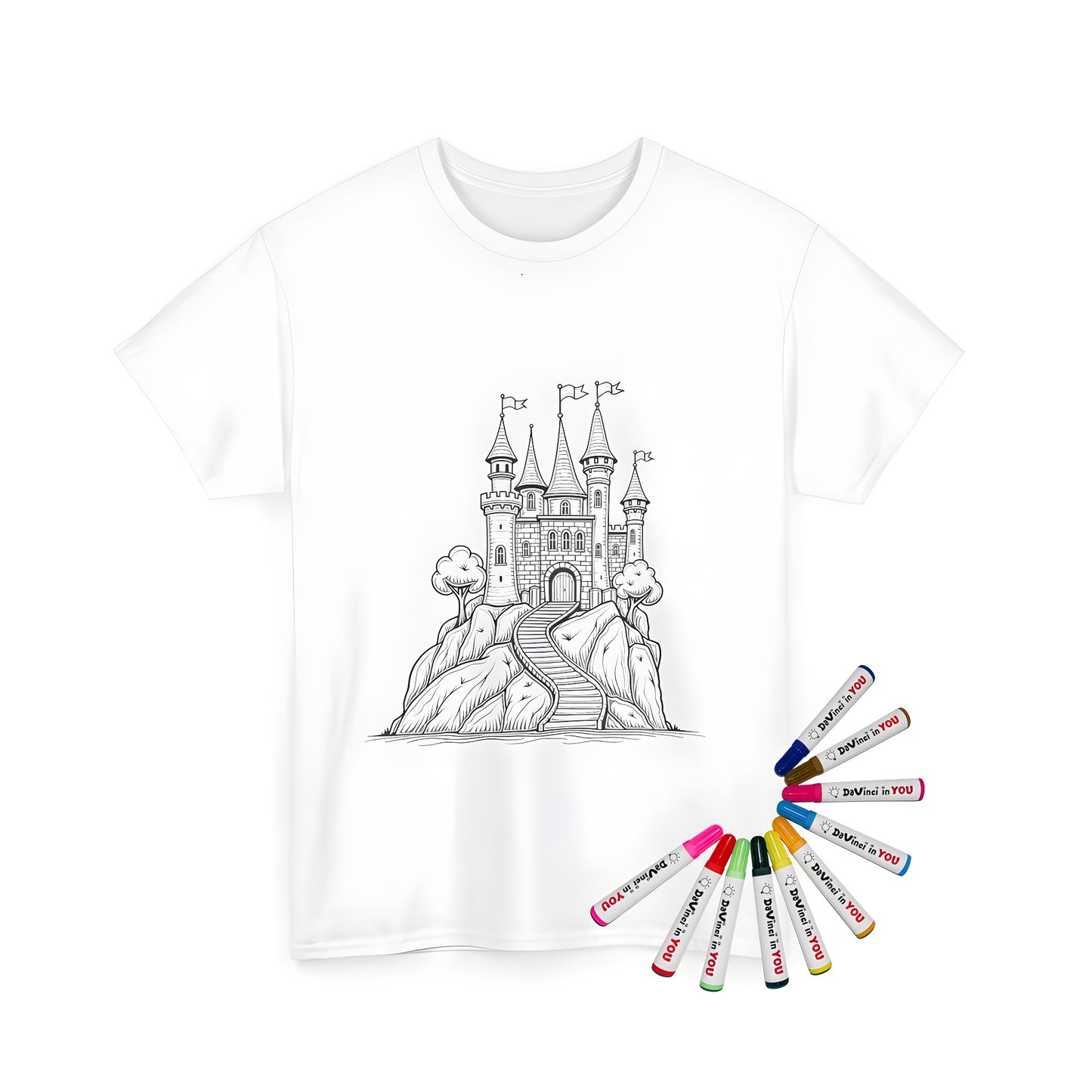 Unisex t-shirt featuring an enchanted castle illustration with multiple towers and flags on a rocky hill. Perfect for fans of medieval fantasy.