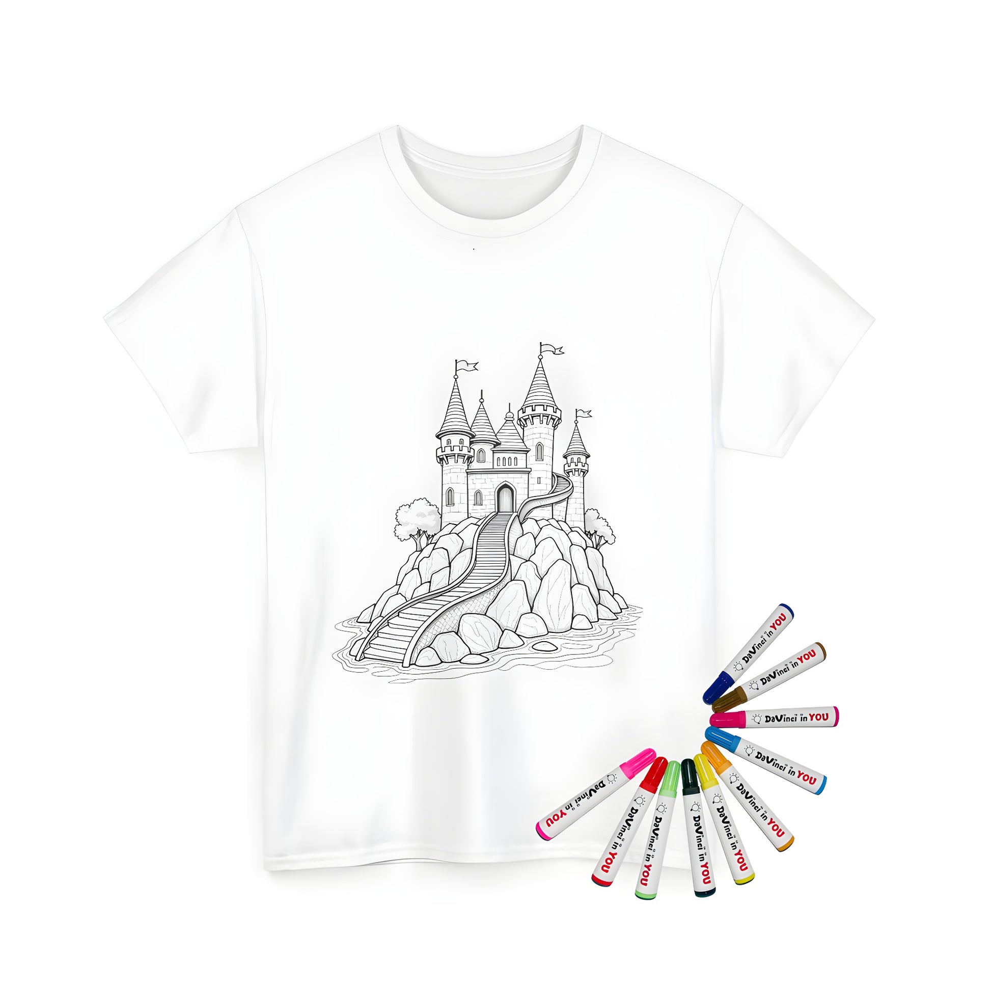 Coloring kit for kids and adults featuring a unique medieval themed t-shirt design of a castle on a hill with towers, flags, and a staircase