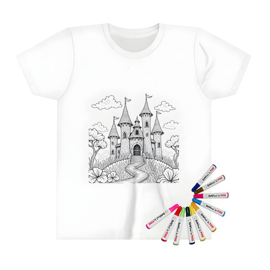 Kid's t-shirt with colorful fantasy castle design featuring towers, gardens, and clouds