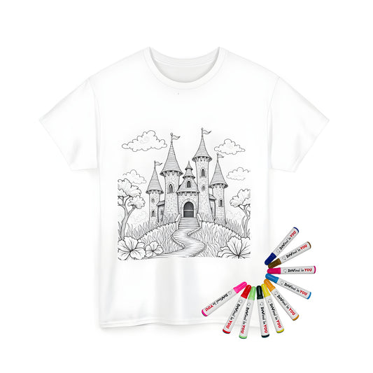 Unisex T-shirt with colorful fantasy castle design featuring towers, lush gardens and clouds