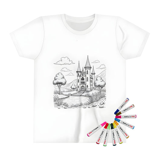 Colorful kids t-shirt with an enchanted kingdom illustration of a medieval fantasy castle surrounded by green hills and trees, featuring a serene pond in the foreground.