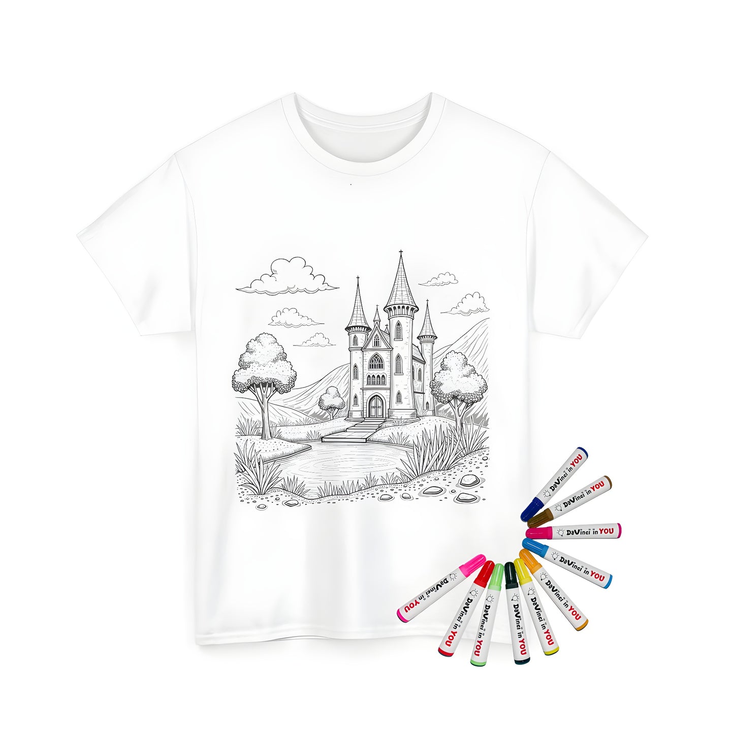 Unisex t-shirt featuring a fantasy castle illustration