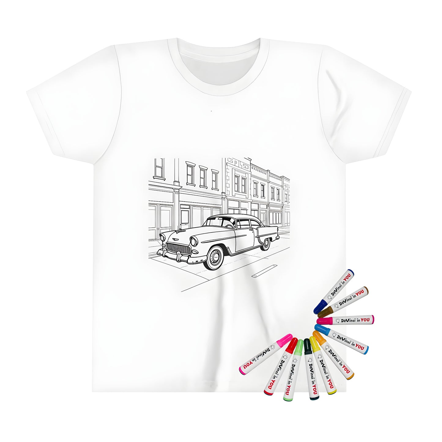 Kids t-shirt with vintage automobile print, kid-friendly car illustration, cartoonish classic car design