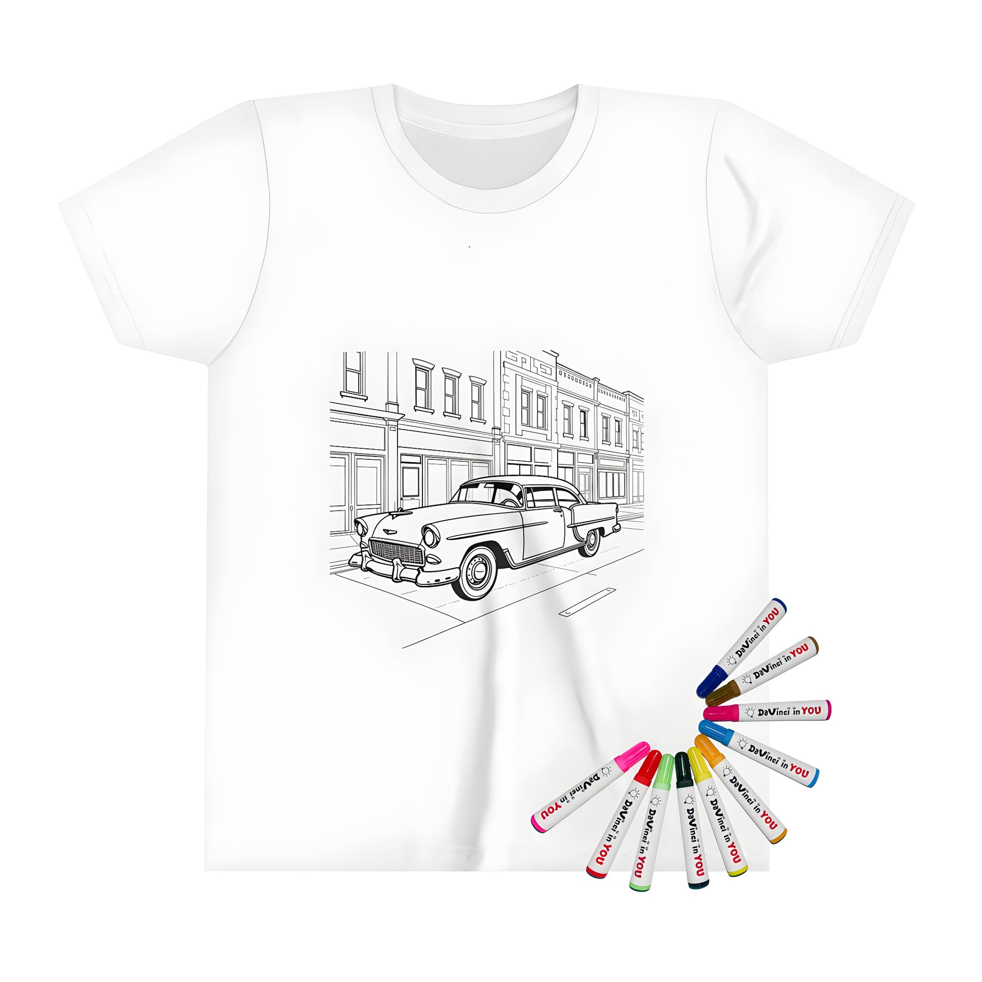 Kids t-shirt with vintage automobile print, kid-friendly car illustration, cartoonish classic car design