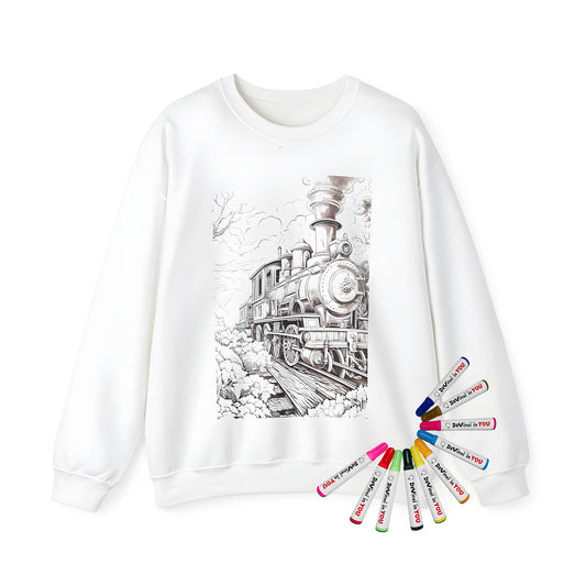 Adult sweatshirt with vintage train design for adults, featuring scenic countryside and steam locomotive