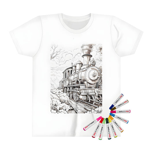 Kid's T-shirt with vintage train design, featuring a colorful steam engine
