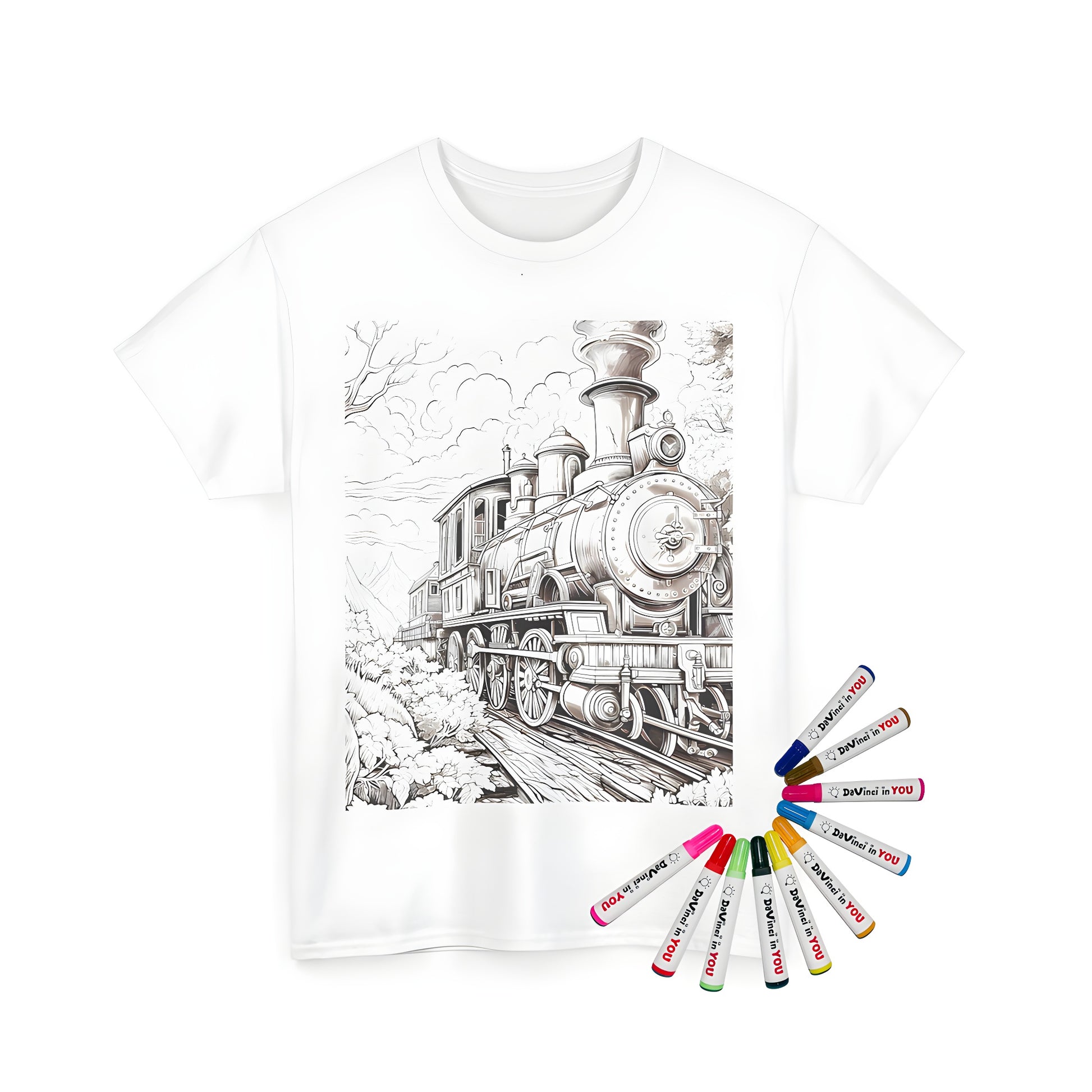 A vintage locomotive, train engine, or steam locomotive print on a comfortable unisex t-shirt, perfect for railroad enthusiasts and fans of nostalgic transportation