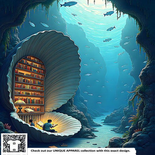 Whimsical underwater scene of a giant shell library with people enjoying books amidst marine life