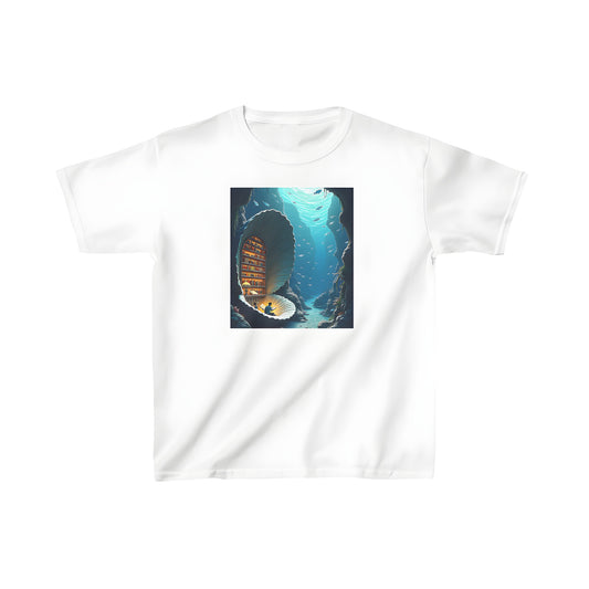 Colorful graphic design t-shirt for kids featuring an underwater library scene