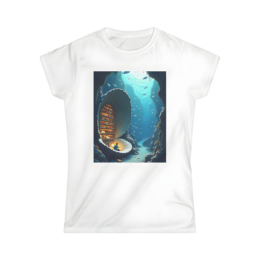 Women's colorful graphic t-shirt with an underwater library theme