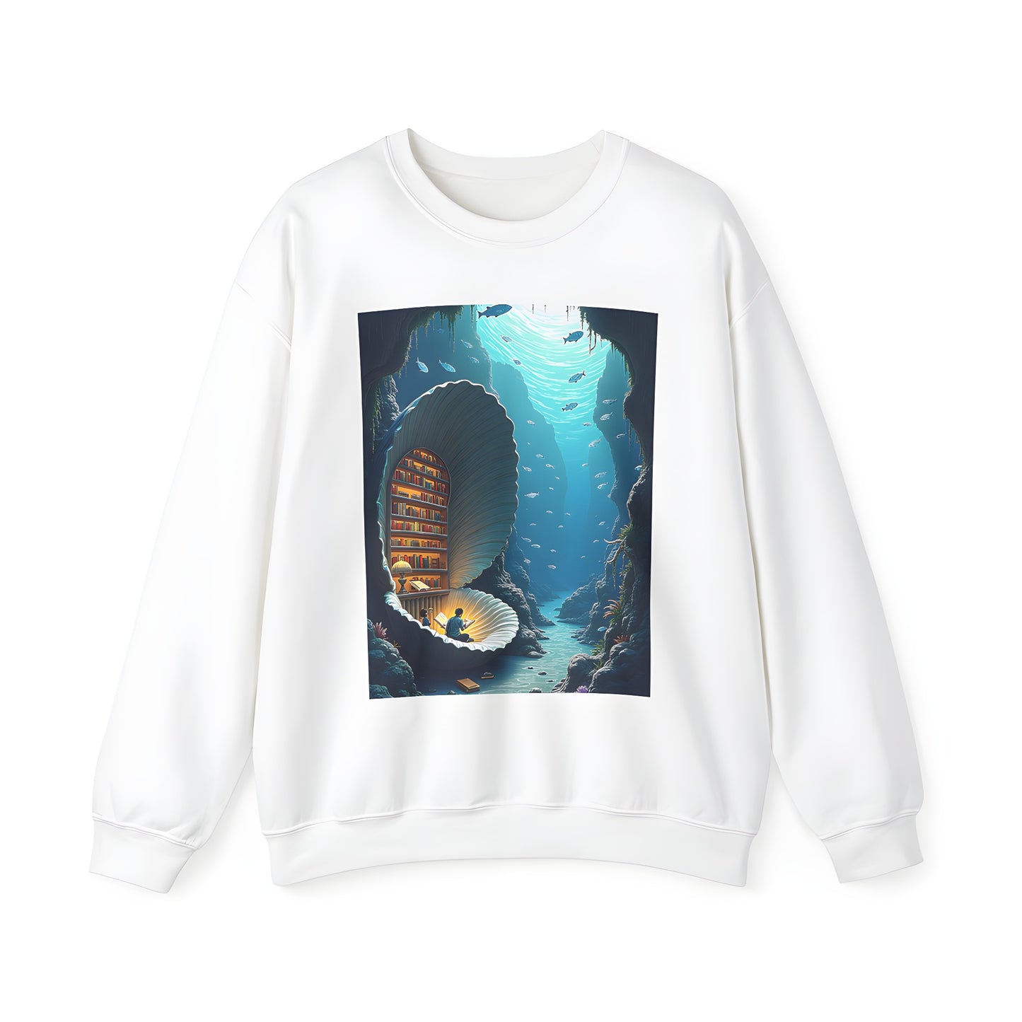 Adult sweatshirt featuring a colorful graphic design of an underwater setting with a giant shell housing a cozy library