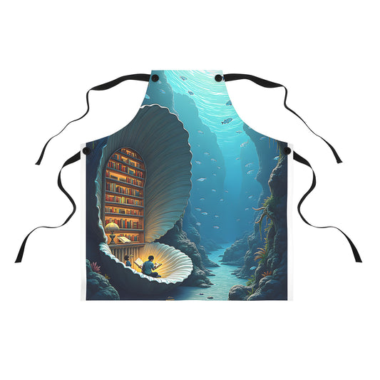 Colorful graphic design apron featuring an underwater library scene with a whimsical ocean setting and marine life