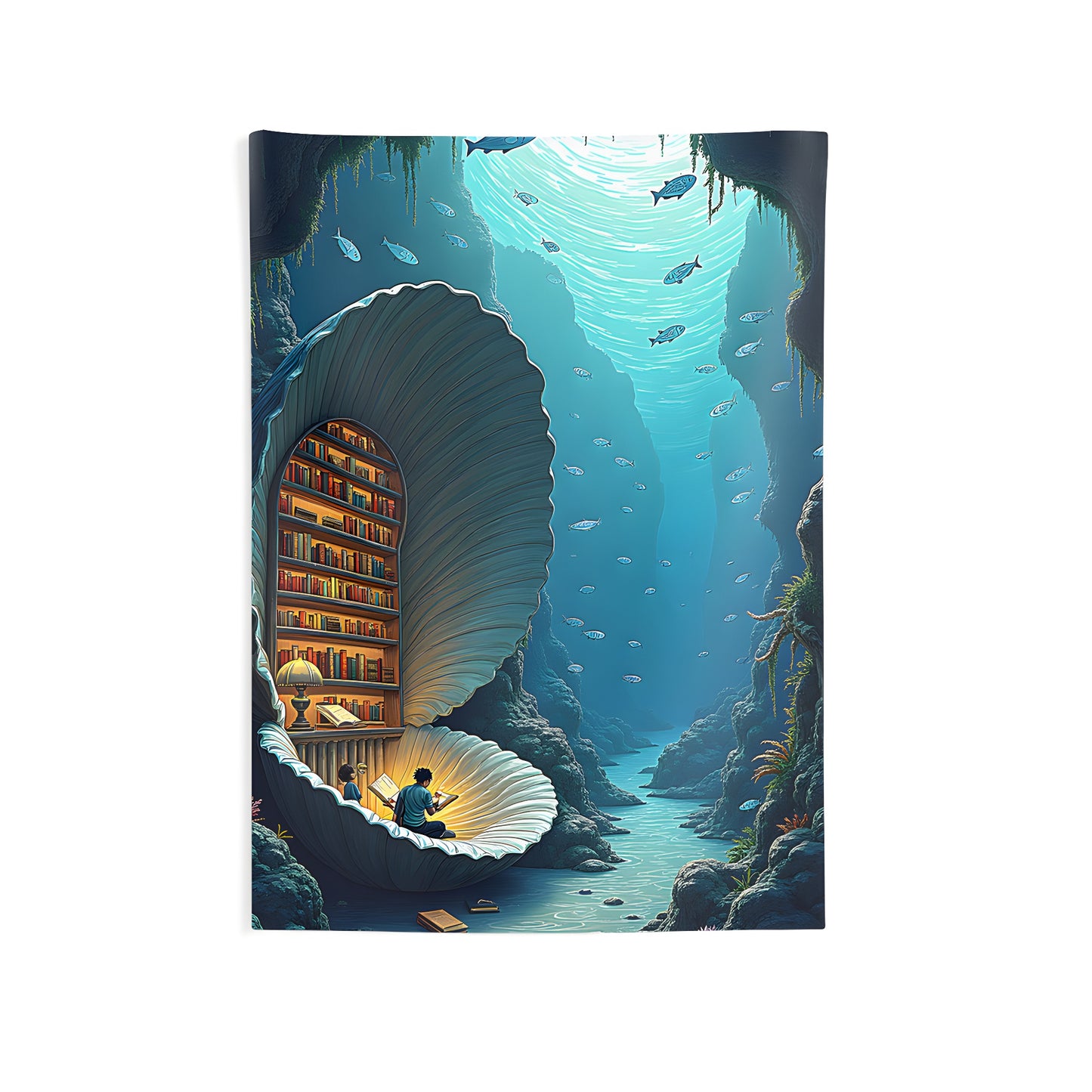 Whimsical underwater scene tapestry with colorful graphic design of an indoor wall hanging showing a giant shell housing a cozy library with people enjoying books surrounded by marine life