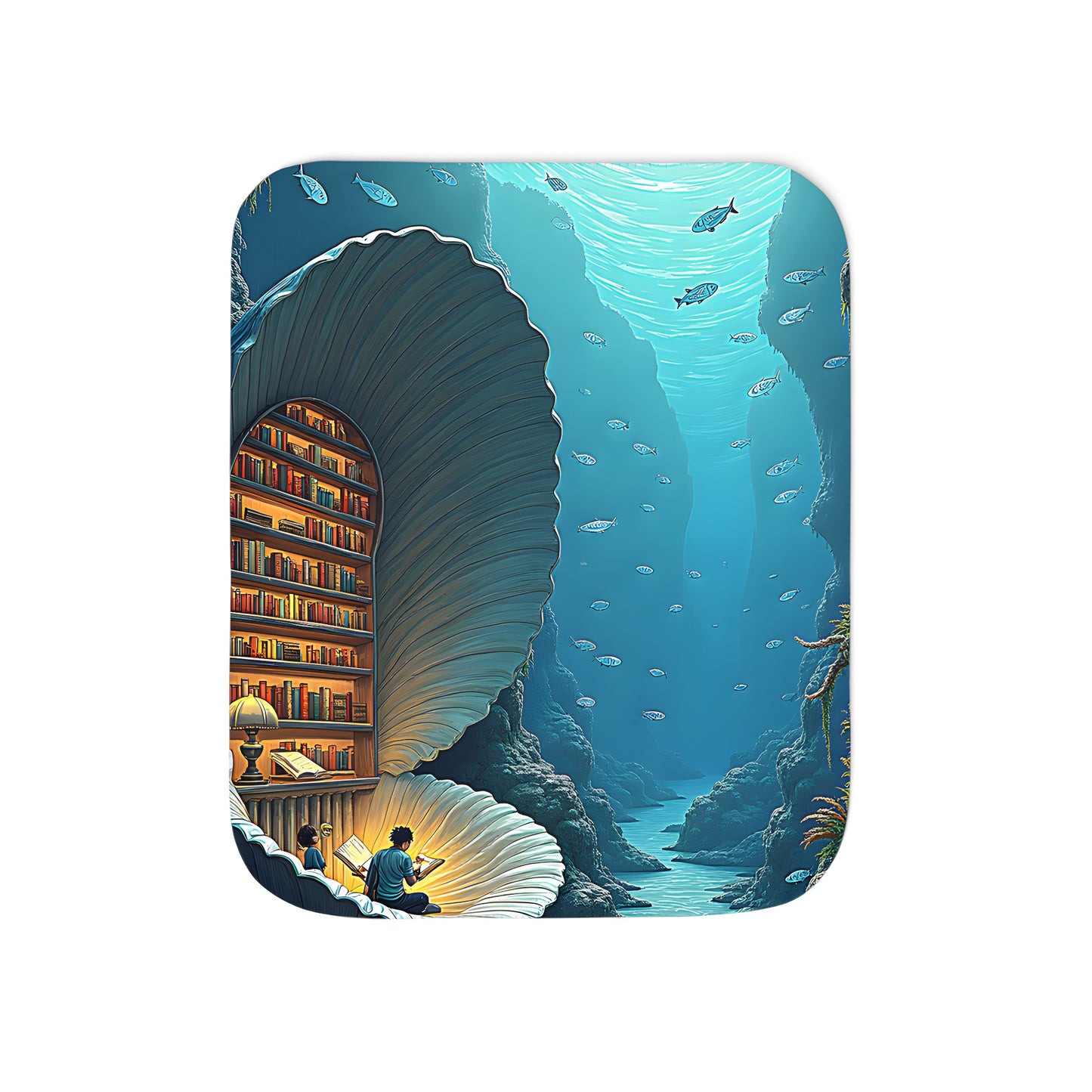 Colorful graphic blanket featuring an enchanting underwater library scene with marine life and cozy atmosphere.