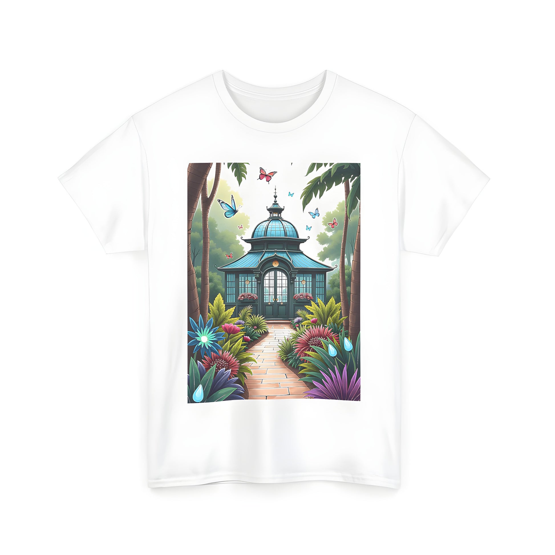 Colorful graphic design Unisex T-shirt featuring butterflies and pavilion on garden scene