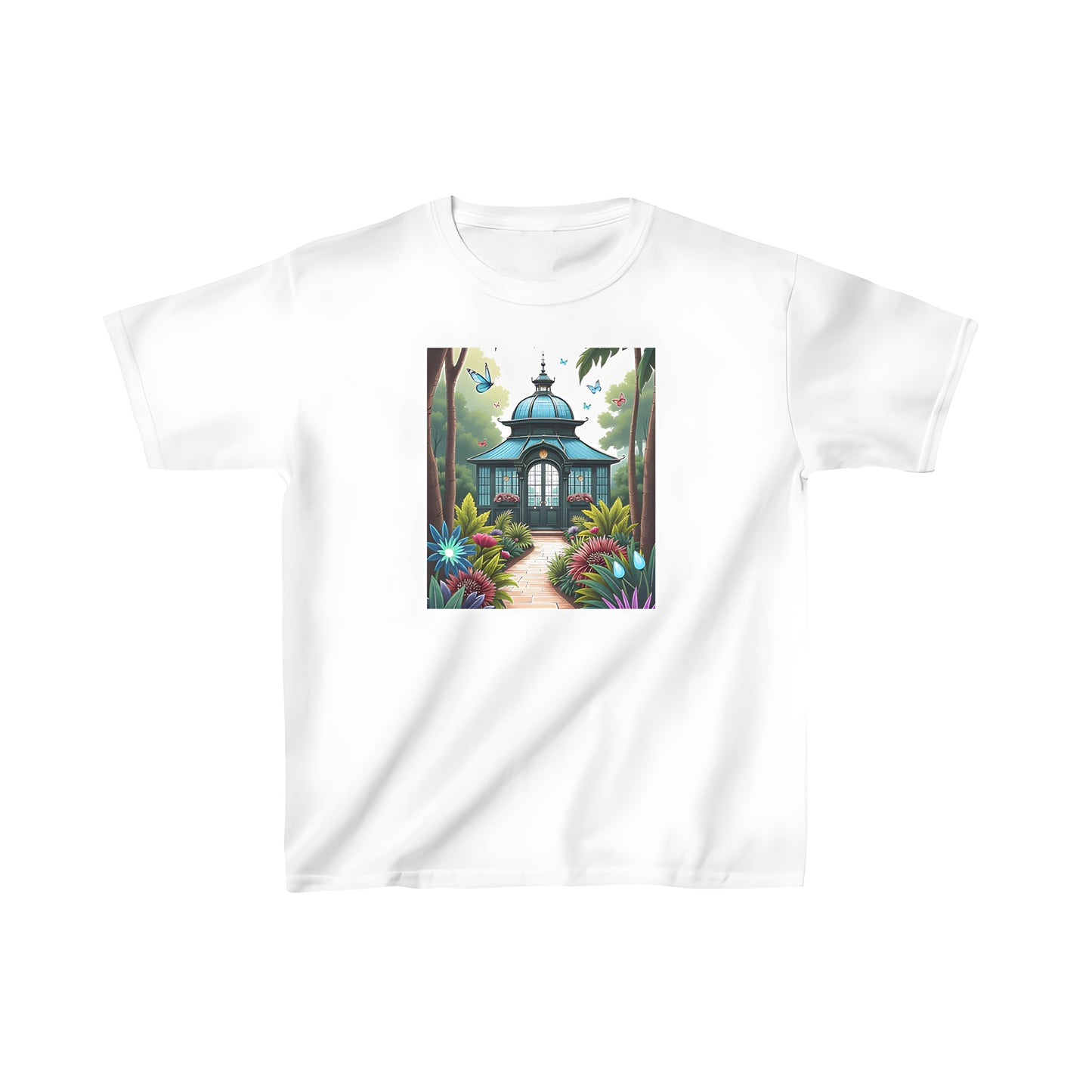 Colorful graphic t-shirt design featuring a serene garden scene with pavilion, flowers and butterflies