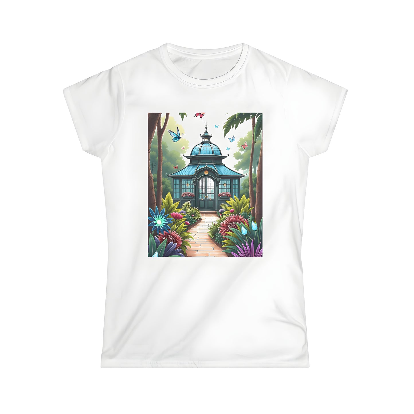 A colorful graphic design on a women's t-shirt featuring a serene garden scene with a pavilion, flowers, and butterflies