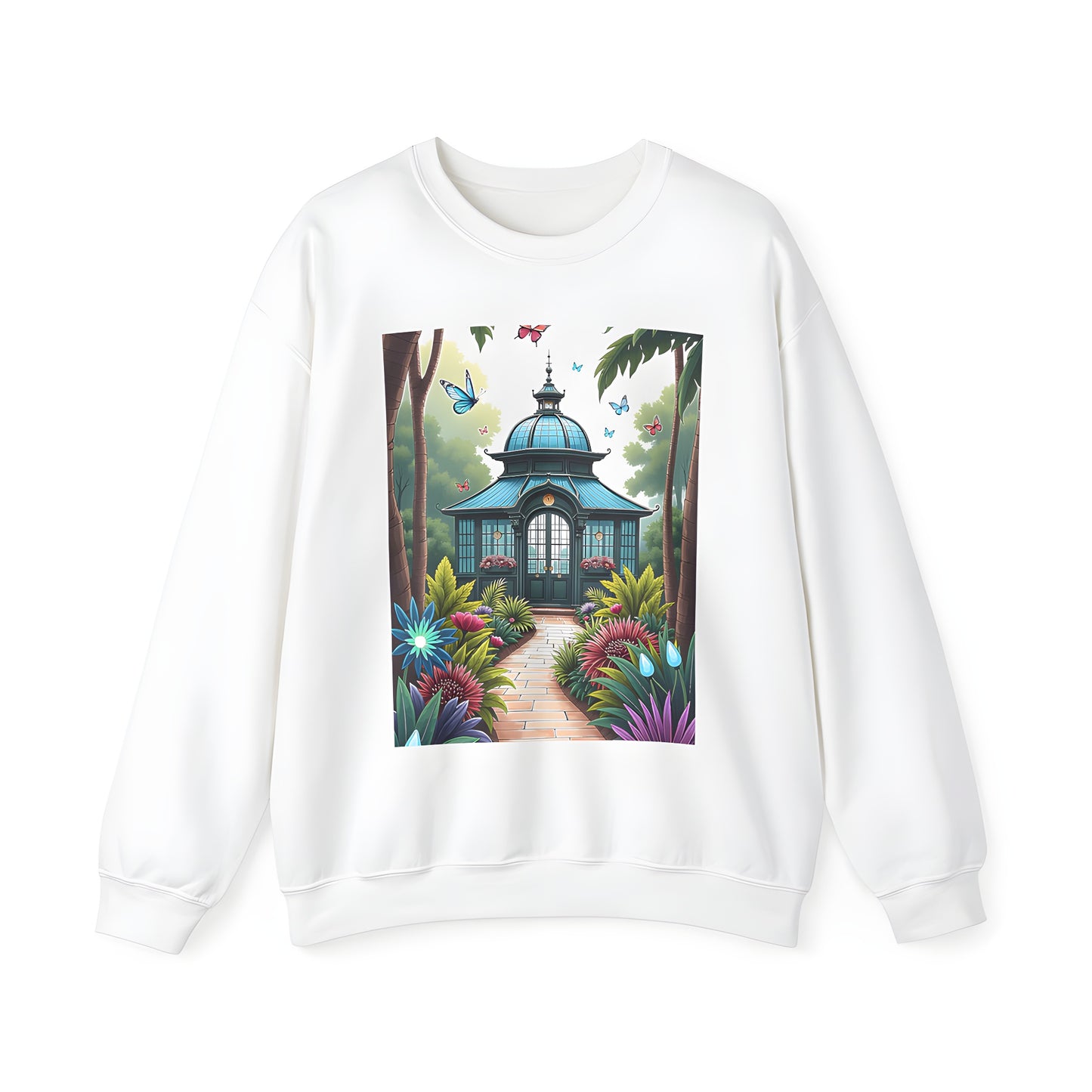 Adult sweatshirt featuring a serene garden scene with vibrant flowers and colorful winged creatures near a charming pavilion