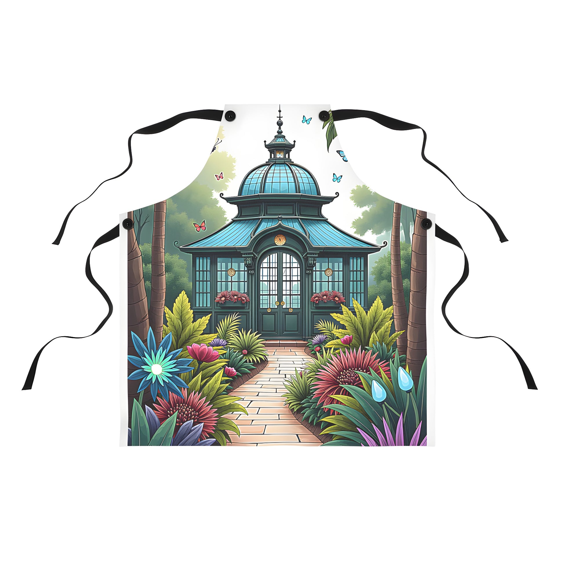 Colorful garden scene with vibrant flowers, pavilion, and fluttering moths on an apron