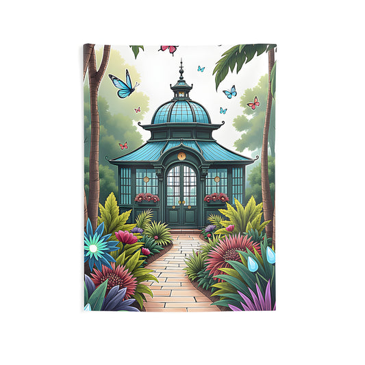 Indoor wall tapestry featuring colorful graphic design of serene garden scene with pavilion, flowers, and fluttering insects in lush greenery