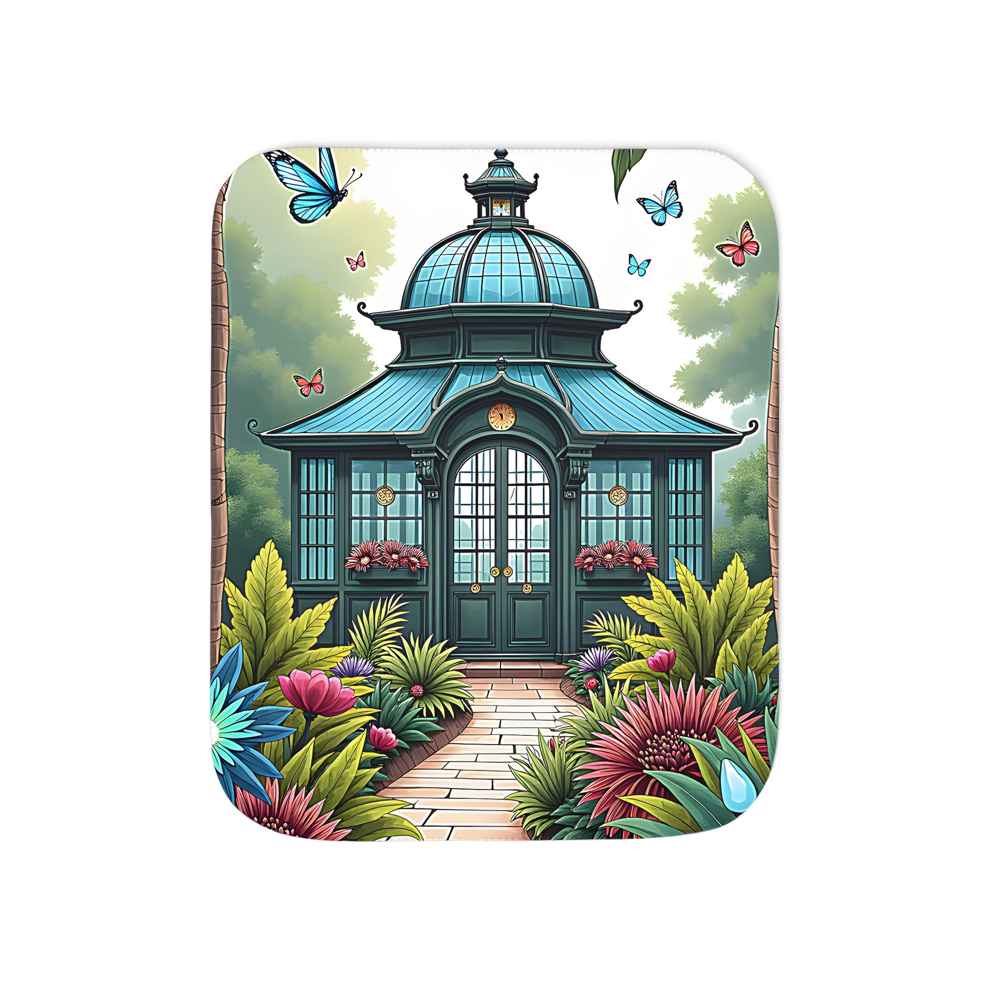 Colorful garden scene blanket with vibrant flowers, butterflies, and a serene pavilion