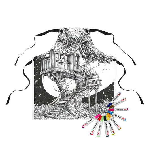 Whimsical forest cabin, wooden house, outdoor playhouse, kids' hideout apron with colorful markers for a fun and creative activity