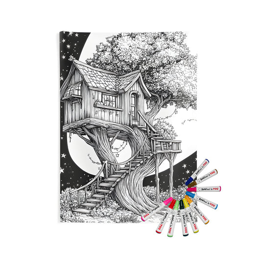 Indoor wall tapestry featuring whimsical treehouse design under starry night sky. Perfect home decor for kids and adults alike.