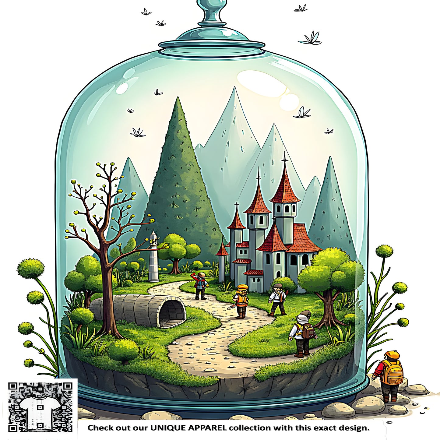 Colorful graphic art of an imaginative landscape under a glass dome with winding pathways, majestic trees, and brave adventurers approaching a whimsical castle. A fantasy world where adventure awaits.