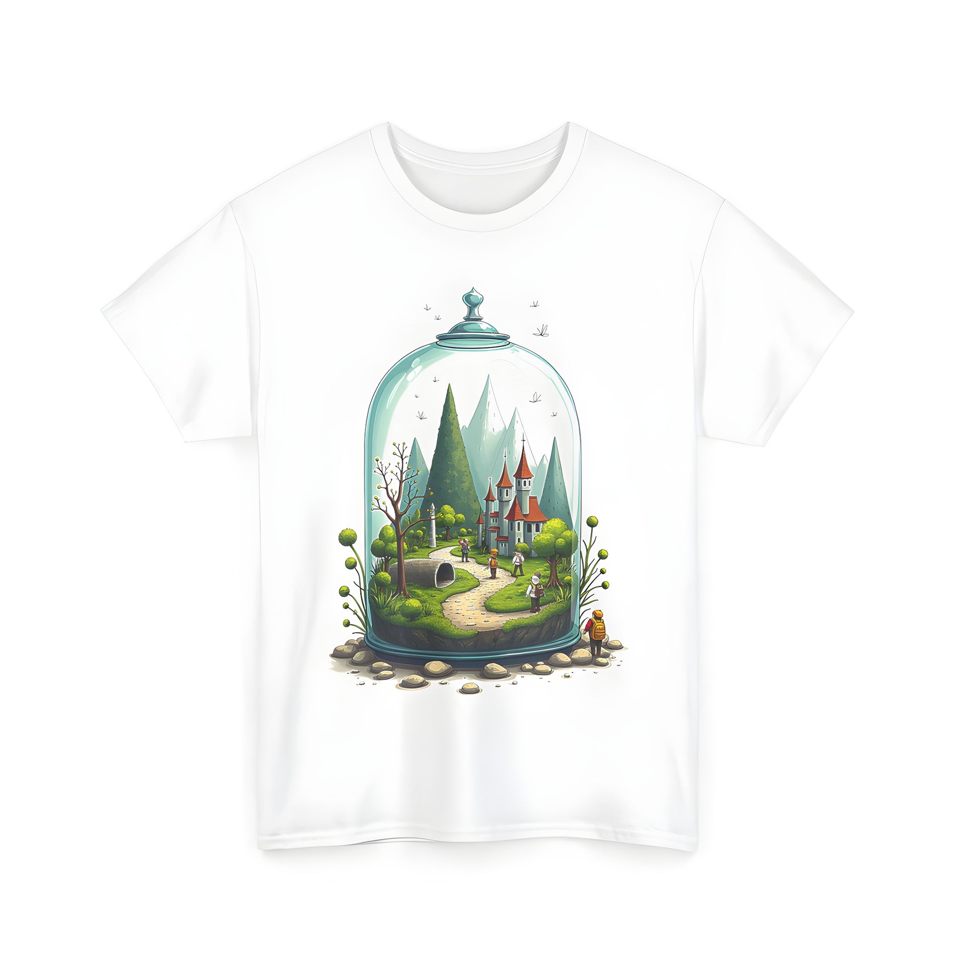 Unisex graphic t-shirt featuring a colorful fantasy landscape under a glass dome, perfect for fans of adventure and whimsy