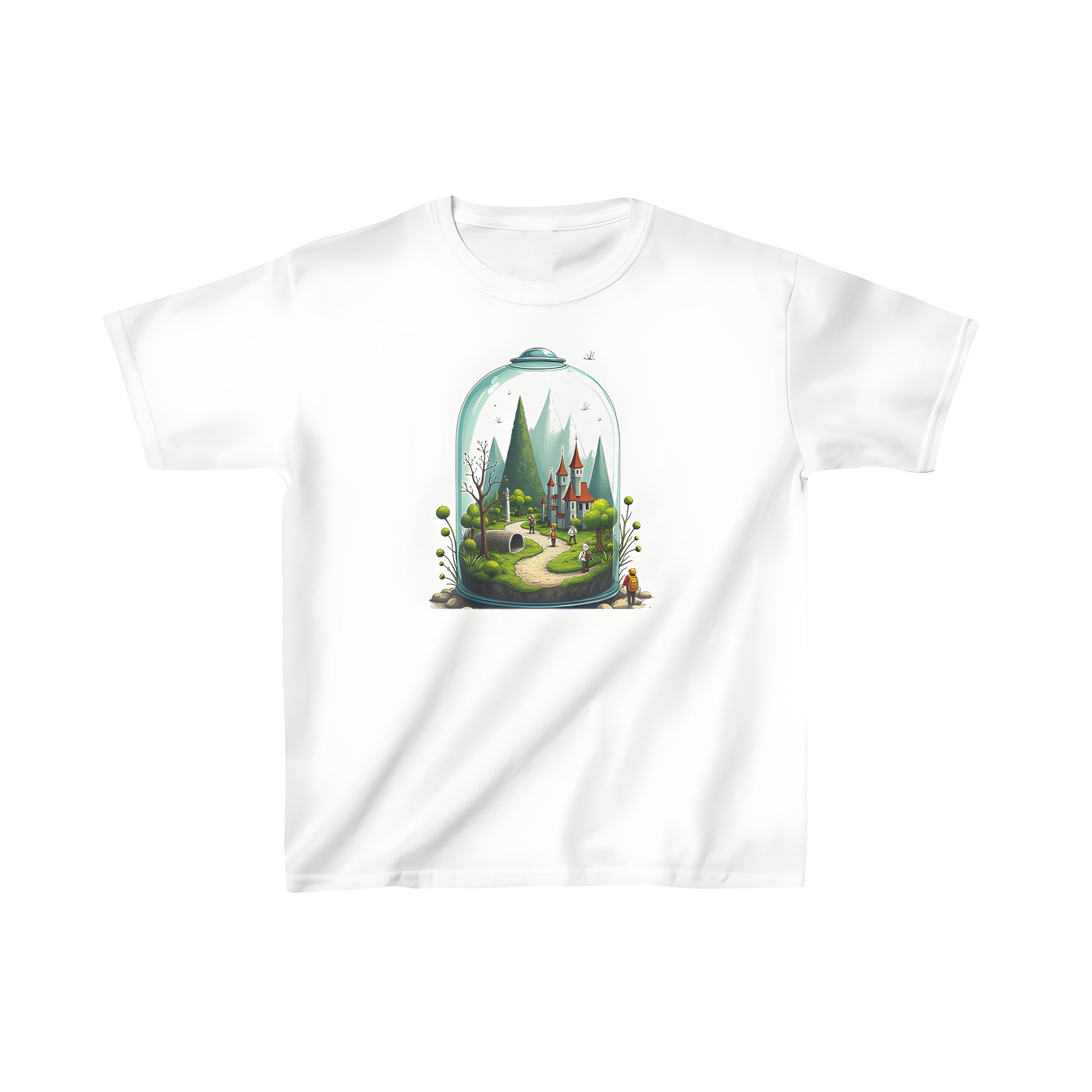 Colorful graphic t-shirt of fantasy landscape under glass dome