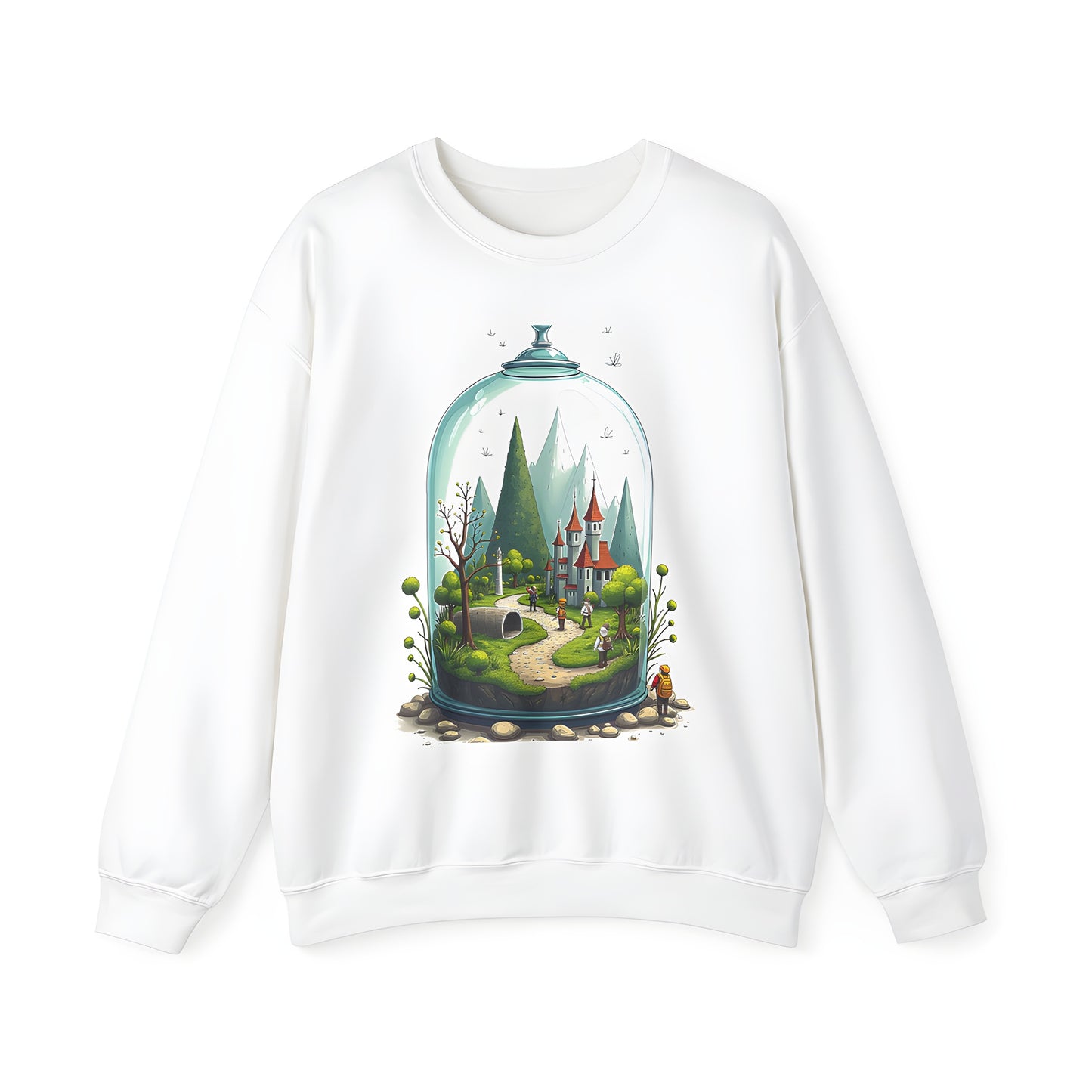 Adult Sweatshirt featuring a vibrant fantasy landscape under a glass dome with a winding path, tall trees, and adventurers approaching a whimsical castle.