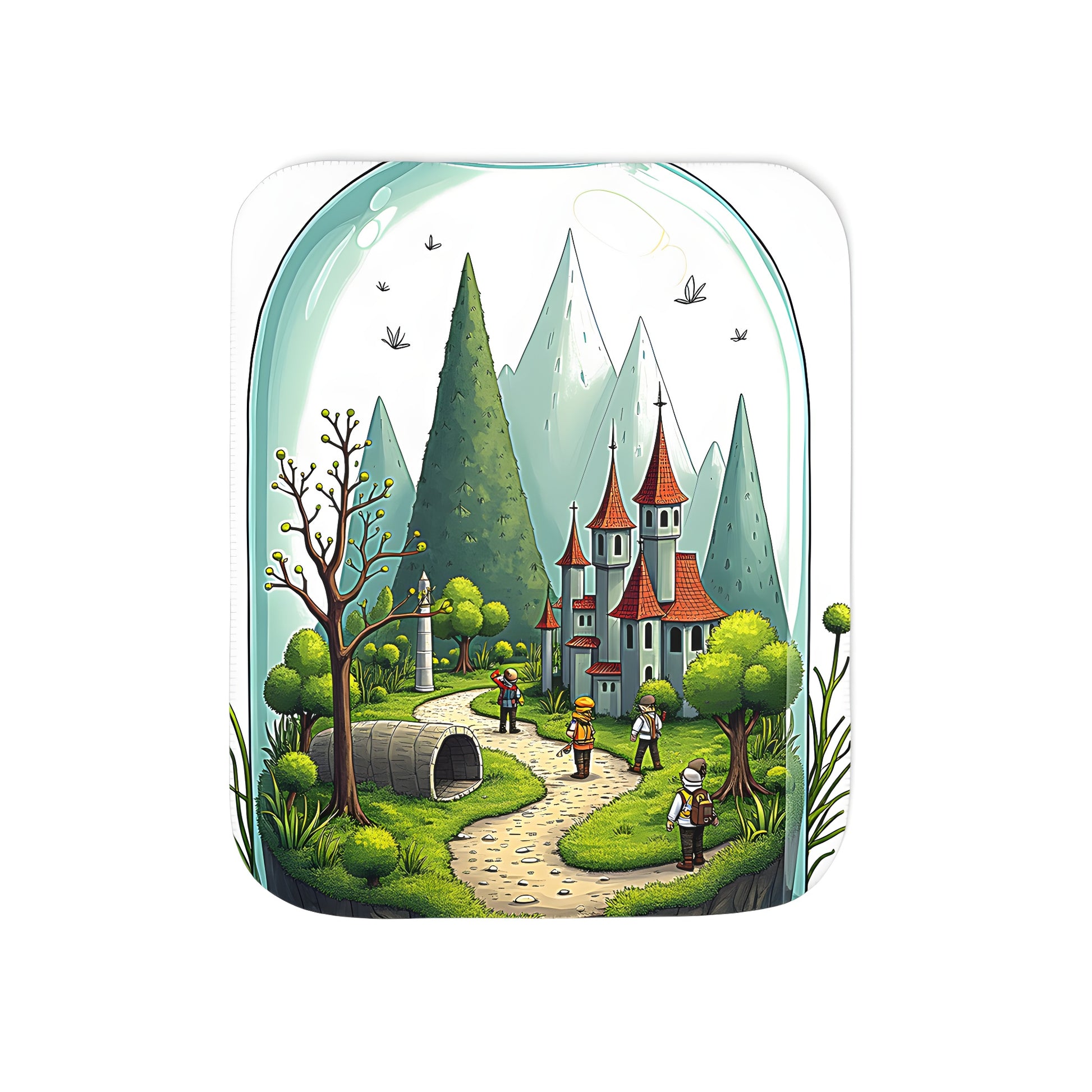 Colorful graphic blanket featuring a fantasy landscape under a glass dome with winding path, tall trees, and adventurers approaching a whimsical castle