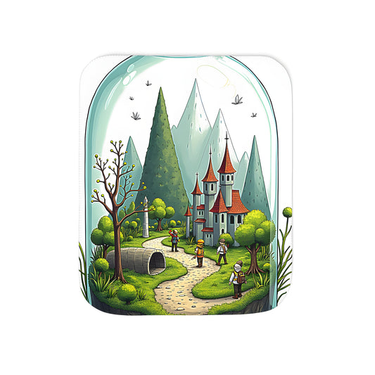 Colorful graphic blanket featuring a fantasy landscape under a glass dome with winding path, tall trees, and adventurers approaching a whimsical castle