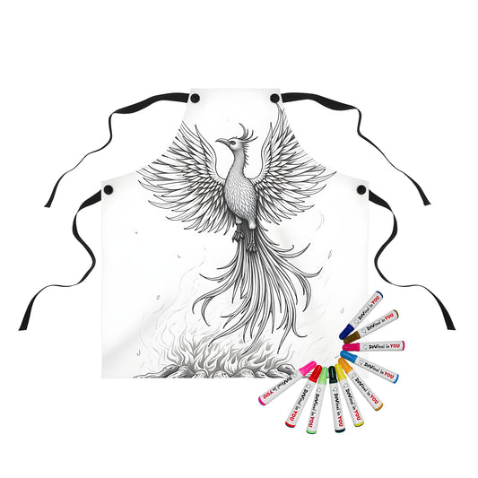 Colorful apron featuring a majestic phoenix design with widespread wings rising from fiery ashes
