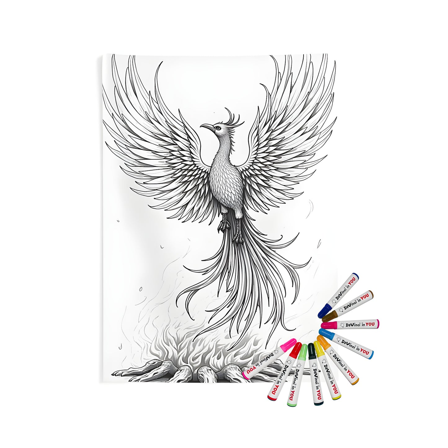 Indoor wall tapestry featuring a majestic phoenix rising from ashes, rebirth and renewal mythical scene