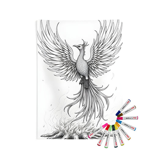 Indoor wall tapestry featuring a majestic phoenix rising from ashes, rebirth and renewal mythical scene
